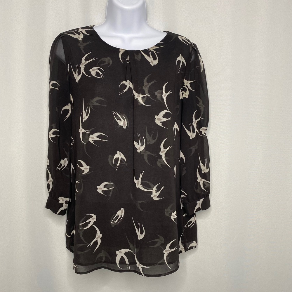Banana Republic Women Small Black Chiffon Swallow Bird Print Blouse Keyhole Back